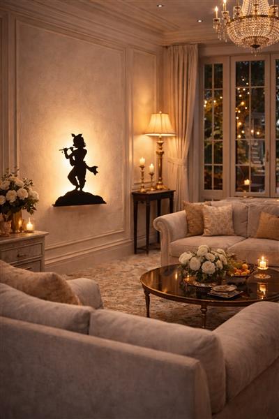 Lord Krishna Flute Silhouette LED Wall Light / Backlit Krishna Wall Decor